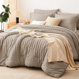 CozyLux King Size Comforter Set Khaki Seersucker 7 Pieces Bed in a Bag King Comforter Set with Sheets, Luxury Soft Bedding Sets with Down Alternative Comforter, Sheets, Pillowcases & Shams All Seasons