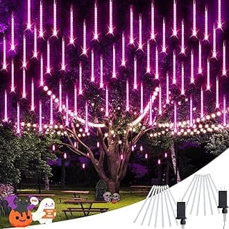 JMEXSUSS 2 Pack Purple Halloween Lights, Each 8 Tube 192 LED Meteor Shower Lights Outdoor, Waterproof Plug in Icicle Lights for Outside Tree Holiday Party Patio Decoration