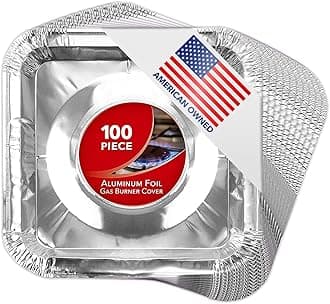 Disposable Gas Burner Liners (100 Pack) Aluminum Foil Square Gas Stove Burner Covers - 8.5 Inch Gas Range Protector, Stove Top Covers for Gas Burners, Foil Liners to Catch Oil, Grease, and Food Spills