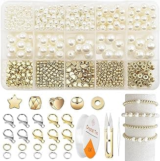 LeafLoomLeafLoom 720pcs Pearls Beads for Jewellery Making Kit, Pearl Beads for Bracelet Making, Assorted Sizes Pearl Round Beads Set Spacer Charms Golden Beads with Tools for DIY Crafts, Earrings, Necklace
