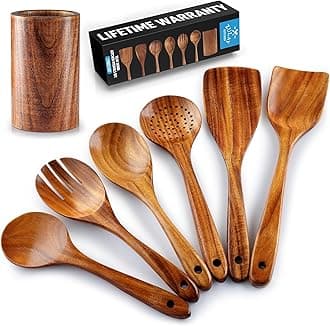 Zulay Kitchen 7-Piece Wooden Cooking Spoons Set – Heat-Resistant, Smooth Teak Utensils with Comfort Grip – Lightweight & Durable – Easy to Clean, Perfect for Non-Stick Cookware