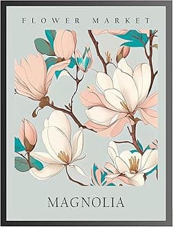 HomeArtPrint Magnolia Art Print, Flower Market Poster Wall art Decor, Botanical Floral Artwork for Bedroom, Bathroom, Living room Decoration (Magnolia, 16x20 inches + (Black Frame))