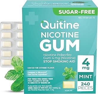 Quitine Nicotine Gum 4mg, Mint Flavor, Stop Smoking Aid – Relieve Nicotine Cravings with Affordable NRT | Coated for Quick-Burst Flavor, 240 Count, Traditional Gum to Support Your Quit Journey