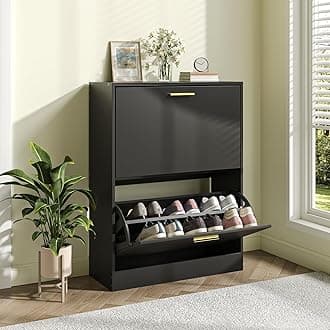 JOZZBY Shoe Cabinet Storage for Entryway, Freestanding Narrow Slim Shoe Organizer Cabinet with 2 Flip Drawers, Wooden Shoe Rack for Hallway, Living Room, Black1