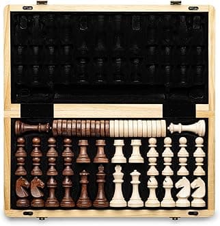 A&A 15" Magnetic Wooden Chess & Checkers Set/Folding Board / 3" King Height German Knight Staunton Chess Pieces/Walnut & Maple Inlaid /2 Extra Queen