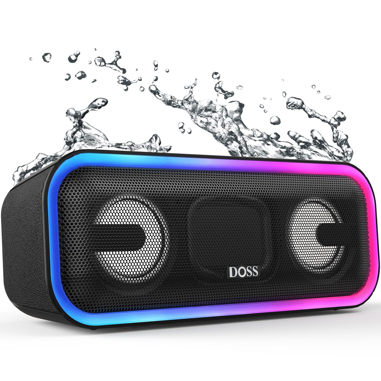 DOSS SoundBox Pro+ Bluetooth Speaker, Immersive 24W Stereo Sound with Booming Bass, IPX6 Waterproof, 15H Playtime, Mixed Colors Lights, Wireless for Backyard, Hiking, Garage, Party-Black