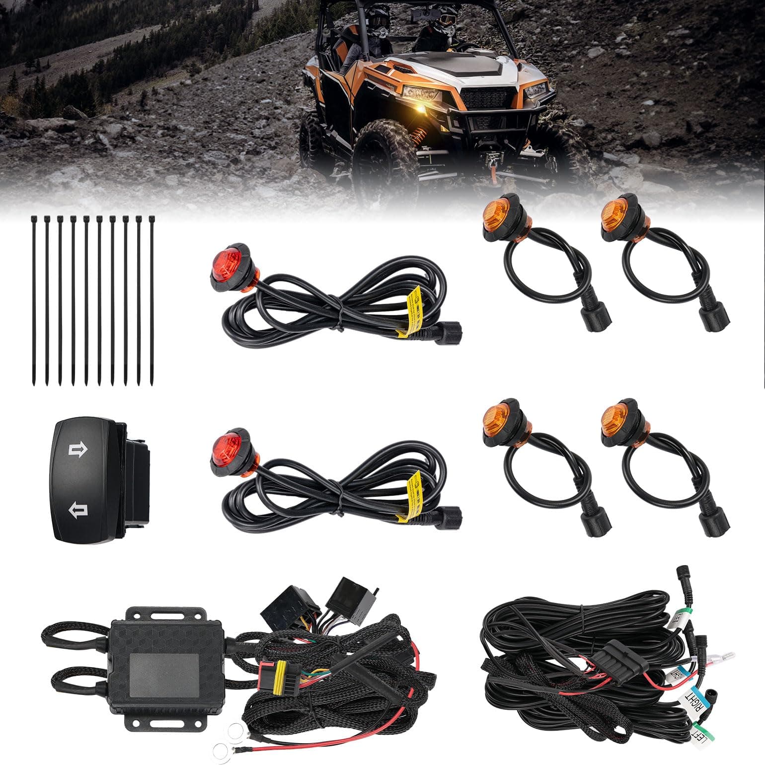 UTV Turn Signal Kit, Pre-Wired, Plug and Play UTV ATV Blinker with Rocker Switch, Universal Street Legal Kit Compatible with Can-Am Defender X3, Polaris Ranger RZR, Pioneer, Kawasaki, CFMOTO