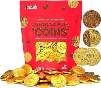 Fruidles Milk Chocolate Coins, Gold Half Dollar Chocolate Coins, Made with Premium Belgian Chocolate, Nut Free, Non-GMO, Kosher Dairy (25-Pack)