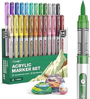 JusArt Acrylic Paint Markers Brush Tip 24 Colors, Water-Based No-Bleed Markers with Automatic Ink Control, Waterproof Acrylic Paint Pens for DIY Art & Crafts -Eggs, Fabric, Rock, Glass, Ceramic, Metal