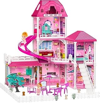 TEMI Villa Toys for 3 4 5 6 7 8 Years Old Girls - 3 Storeys 6 Rooms, Indoor Playset with 2 Dolls Toy Figures, Toys Furniture and Accessories, Pretend Girls Plays, Building Toys, Gifts Toy