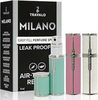 Travalo Milano Perfume Atomizer Bundle - Leak-Proof and TSA Approved for Air Travel - Reusable, Easy Fill Mini Pump Sprayer - Vegan Leather w/Polished Metal - White, Aqua, Perfect Pink - 3 Pack