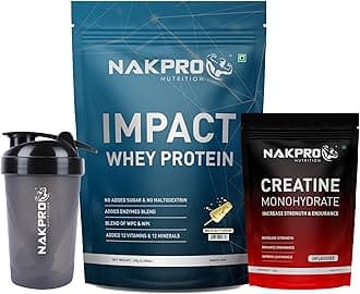 NAKPRO Impact Whey Protein Supplement Powder Combo (1 kg with Creatine & Shaker, Malai Kulfi)