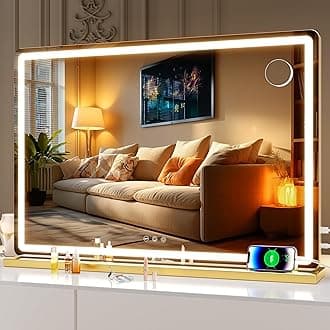 Hasipu Vanity Mirror with Lights, 31.5" x 20" LED Makeup Mirror, Lighted Makeup Mirror with Dimmable 3 Modes, Touch Screen Control Vanity Mirror Round Gold