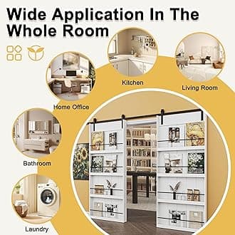 72in x 84in Rustic 8-Shelf Storage Barn Door Room Divider and 13.2FT Hardware Kit, Paintable White MDF Wood Sliding Barn Door with Soft Close, Smooth Operation and Silent Sliding, Easy to Install