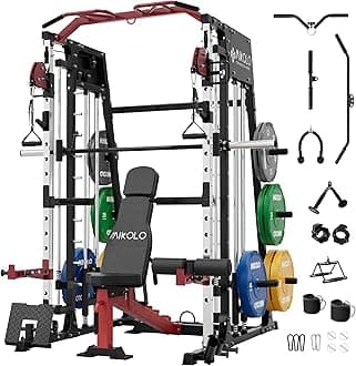 Mikolo Smith Machine, 2200lbs Squat Rack with LAT-Pull Down System & Cable Crossover Machine, Training Equipment with Leg Hold-Down Attachment