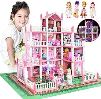 Doll House Set for Girls, Princess House Toys with 4 Dolls Furniture and 4-Story 11 Rooms,Pretend Play DIY with Light Strip for Kids, Building Dolls Playset Toys Kit Gift for Ages 3 4 5 6+