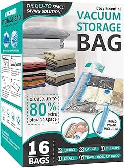 Cozy Essential Space Saver Storage Bags, (2 Jumbo/2 Large/3 Medium/3 Small/6 Roll) Compression Vacuum Sealer Bags for Comforters, Blankets, Clothes Storage, Hand Pump Included, 16 Pack