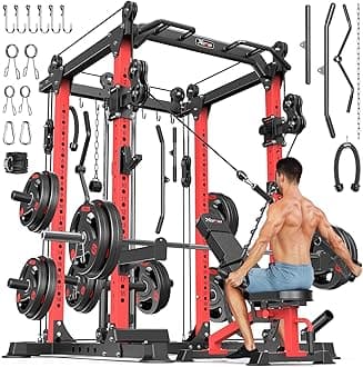Power Cages Multi-Purpose Squat Rack with Cable Crossover System, Matching Weight Bench, Olympic Barbell Weight Set for Garage and Home Gyms
