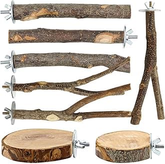 8 PCS Natural Bird Perch Set - Apple Wood Platforms & Hardwood Branches for Parakeets, Cockatiels, Lovebirds - Natural Cage Accessories, Gym Playstand & Chewing Toys for Small Birds