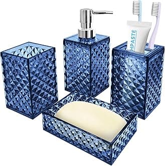 Bathroom Accessory Set, 4 PCS Blue Bathroom Accessories Sets, Soap Dispenser and Toothbrush Holder Set, Soap Dish and Mouthwash Cup, Boho Bathroom Decor, Bathroom Sets Accessories
