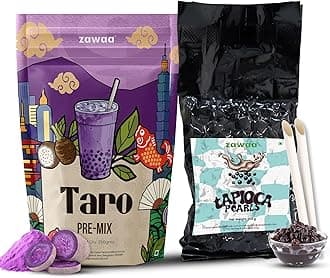 ZAWAA Bubble Tea Combo Kit – Taro Pre-Mix Powder (250 g) with Black Tapioca Pearls (250 g) & 10 Paper Straws | Cafe-Style Milk Beverage | Easy to Prepare for Home & Cafe Use