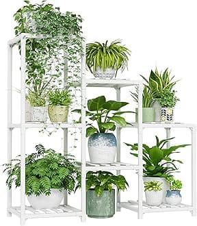 Indoor Plant Stand Outdoor White Shelf Bamboo Plant Table for Multiple Plants 3 Tiers 7 Pots Ladder Holder Pot Window Garden Balcony Living Room