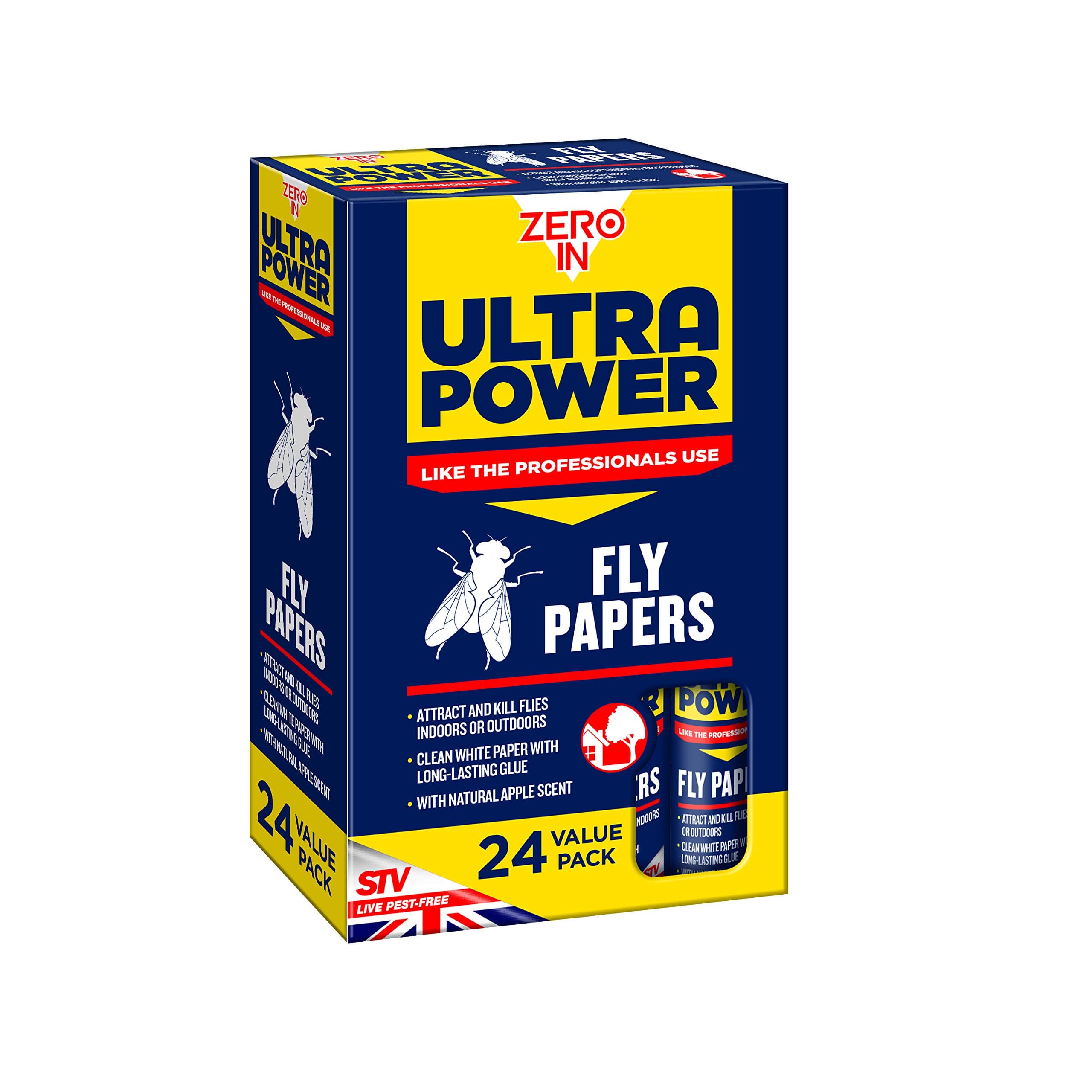 Ultra Power Fly Papers 24 Value Pack – Poison-Free Sticky Fly Trap Strips with Natural Apple Scent – Catches Over 30% More Flies – Clean White Paper – Indoor & Outdoor Kitchen, Shed & Stable