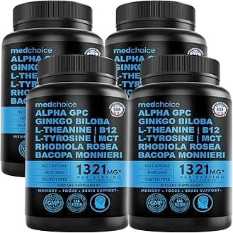 MEDCHOICE 12-in-1 Nootropic Ginkgo Biloba for Brain Support, Memory and Focus - B12, Alpha GPC, L Theanine and Choline Supplements with Bioperine Non Caffeinated 1321mg (240ct)