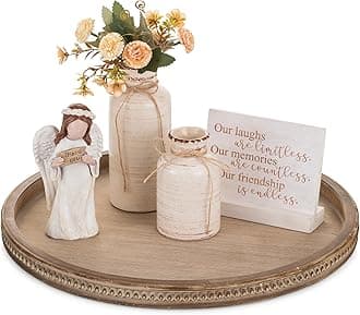 Large Round Decorative Tray: Farmhouse Neutral Coffee Table Decor Wood Beaded Trays Vintage Ottoman for Home Counter Living Room