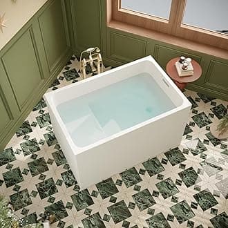 AMAPO 43" Acrylic Free Standing Bathtub,Square Shape Japanese Soaking Tub Seat Desgin UPC Certified, Chrome Drain & Overflow(White, 43 in with seat)