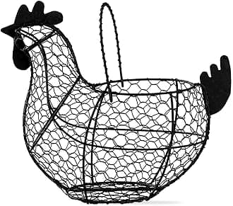 tag 11.5 inch Black Farmhouse Rustic Vintage Chicken Wire Egg Basket with Handle for Egg Holder Fruit and Kitchen Living Room Home Rooster Decor Decoration Collecting and Countertop Storing Eggs