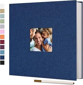 Self Adhesive Photo Album Magnetic Scrapbook Album 40 Magnetic Double Sided Pages Fabric Hardcover DIY Photo Album Length 11 x Width 10.6 (Inches) with A Metallic Pen (Blue, 11"x10.6")