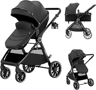 Baby Stroller, 2 in 1 Newborn Stroller Convertible Bassinet for Infant Toddler Pram with Footmuff (Black)