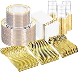 700 Pieces Gold Dinnerware Set - 100 Guests Clear Gold Disposable Dinnerware Set for Party, Wedding, Include: 200 Clear Plates with Gold Trim, 100 Cups, 100 Napkins, 100 Gold Plastic Silverware Sets