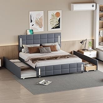 Merax Queen Size Upholstered Platform Bed with Trundle and Drawers, Grey