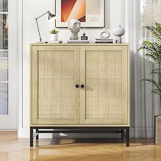 ZLWJGYCredenza Rattan Buffet Cabinet, Small Sideboard Storage Accent Cabinet with 2 Doors, 31.5" Large Mid Century Modern Console Table for Kitchen, Living Room and Dining Room, Natural