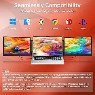 MarsMyth 14 Inch 1080P Laptop Screen Extender, DP/Thunderbolt/HDMI Portable Monitor for 12-16.1 Inch Laptops, MacOS/Windows/Linux/Chrome