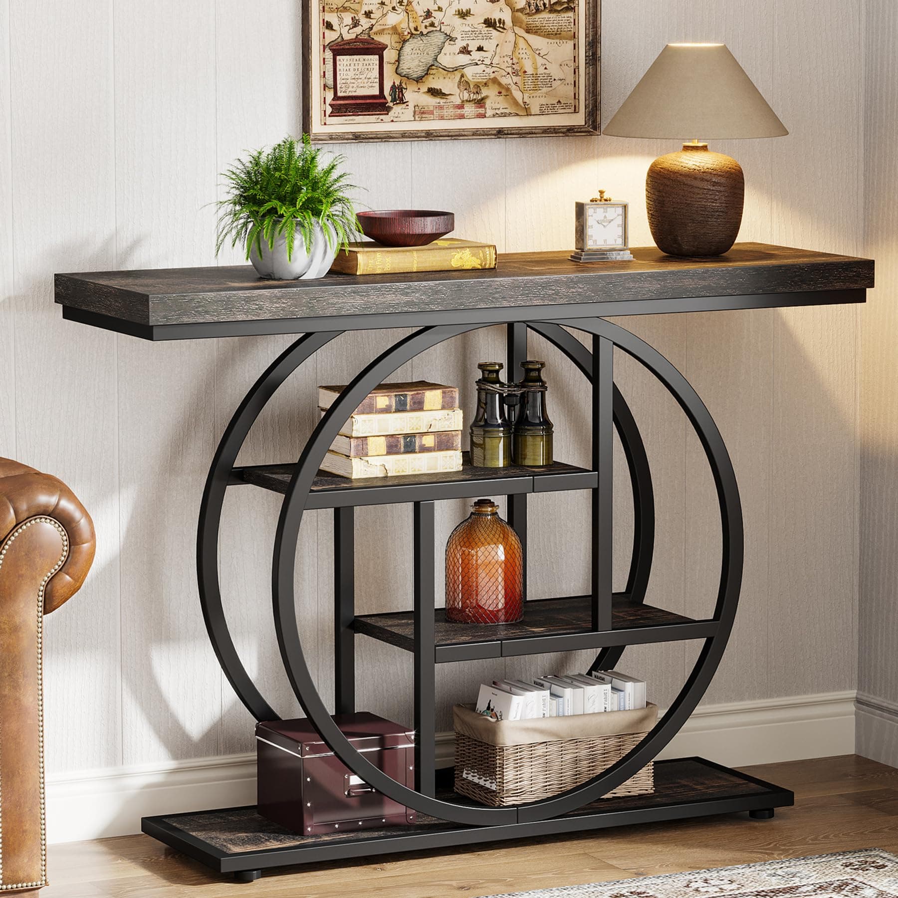 Tribesigns 41.3" Console Table, Industrial 4-Tier Sofa Table Entryway Table with Circle Base, Narrow Wood Accent Tables with Storage Shelves for Living Room, Hallway, Foyer, Charcoal Black