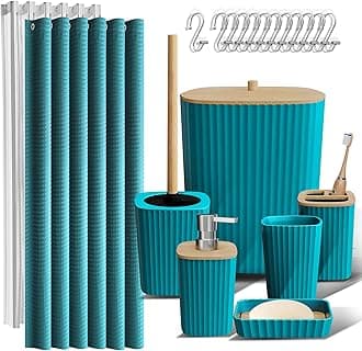 Clara Clark Bathroom Accessories Set - Bathroom Accessory Set with Shower Curtain Set, Toilet Brush, Trash Can & Soap Dispenser (Teal, Complete Set)