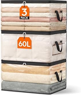 Lifewit 3 Pack Clear Clothes Storage Bags, 60L Plastic Blanket Vinyl Foldable Moving Bags with Zipper, Closet Organizers and Storage Containers for Bedding, Duvet, Pillow