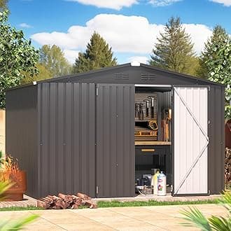 AECOJOY 10' x 8' Shed, Outdoor Metal Storage Shed, Dark Grey Sheds & Outdoor Storage 8x10 Clearance, Steel Yard Shed with Lockable Doors, Utility and Tool Storage for Garden, Backyard, Patio, Outside