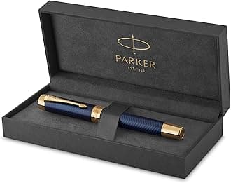 Parker Duofold Prestige Fountain Pen in Blue Chevron and Centennial Size, Solid Gold Medium Nib, Black Ink and Converter