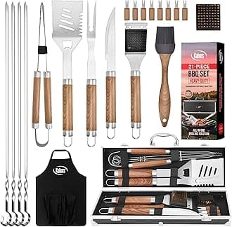 Kaluns Grilling Accessories, Dad Gifts for Fathers Day, Mothers Day Grilling Gifts, Heavy Duty Stainless Steel BBQ Tool Set for Outdoor Grill with Aluminum Case and Apron, Birthday Gifts for Men