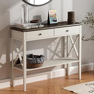 ChooChooFramhouse Console Table with Drawers, Narrow Wood Accent Sofa Table Entryway Table with Storage Shelf for Entryway, Front Hall, Hallway, Living Room, Antique White & Brown