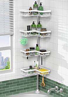 KEGII Corner Shower Caddy Tension Pole - 4-Tier Rustproof Bathroom Organizer, Floor to Ceiling Shower Caddy 25-114.2 inch, No Drilling Shower Storage Rack for Shampoo, Towels (Matte White) | Rustproof, Bathroom Organizer, Shower Storage Rack, for Shampoo, for Towels