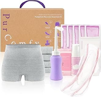 18 Pcs Postpartum Essentials Recovery Kit, Includes 5 Disposable Underwear, 24 Perineal Pad Liners, Perineal Care Foam, 5 Instant Ice Pads, Peri Bottle and 5 Postpartum Pads