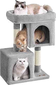 Cat Tree, 29.1-Inch Cat Tower, Plush Condo for Medium Cats up to 11 lb, Large Perch, 2 Caves, Scratching Post, Light Gray UPCT612W01