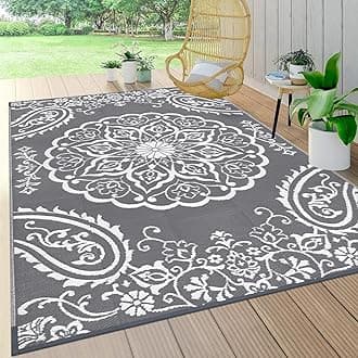 Pauwer Waterproof Outdoor Rug 5x8, Reversible Plastic Straw Patio Camping Rug, Indoor Outdoor RV Mat Carpet for Deck, Camper, Porch, Balcony, Backyard, Picnic, Boho Grey