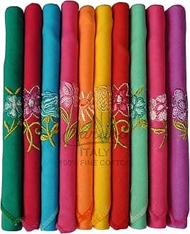 [Caruso Italy] Dark Women Embroidered 100% Pure Cotton Handkerchief Multicolor - 10 Pack, One Size, Dark Multicolor, dark multicolor