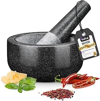 H&S Alliance Mortar and Pestle Set - Premium Stone Pestle and Mortar Bowl & Grinder - Spice Herb Crusher Pesto Guacamole Maker for Kitchen - 4.7" (12cm) Diameter - Black Granite